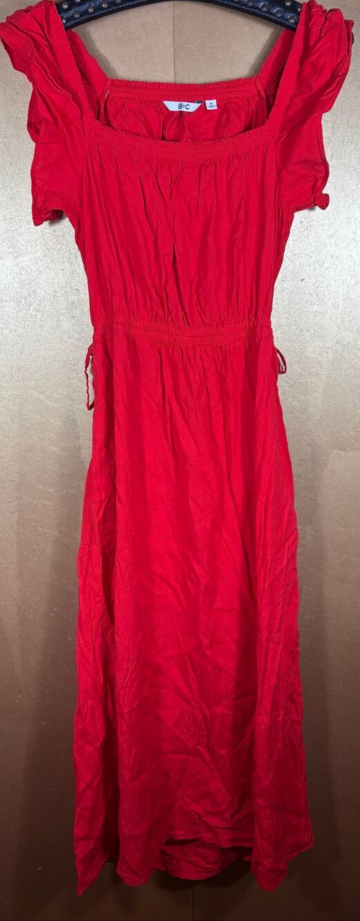 UNIQLO :C Red Gathered Open Back Flutter Sleeve Linen Blend Midi Dress size M